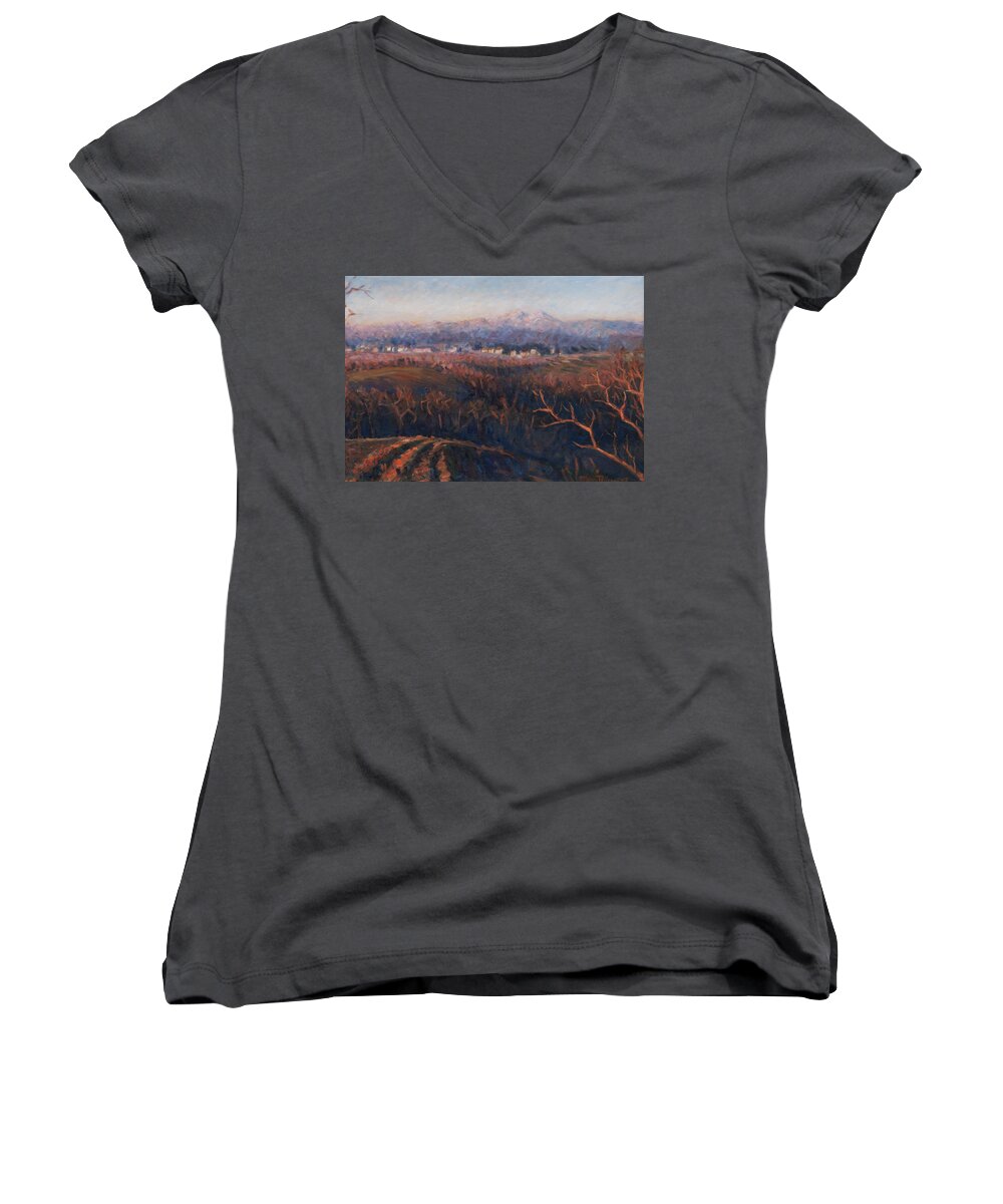 Sunset Women's V-Neck featuring the painting Winter sunset in Brianza by Marco Busoni