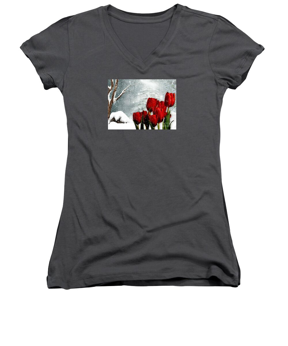 red Tulips Women's V-Neck featuring the mixed media Winter Tulips by Morag Bates