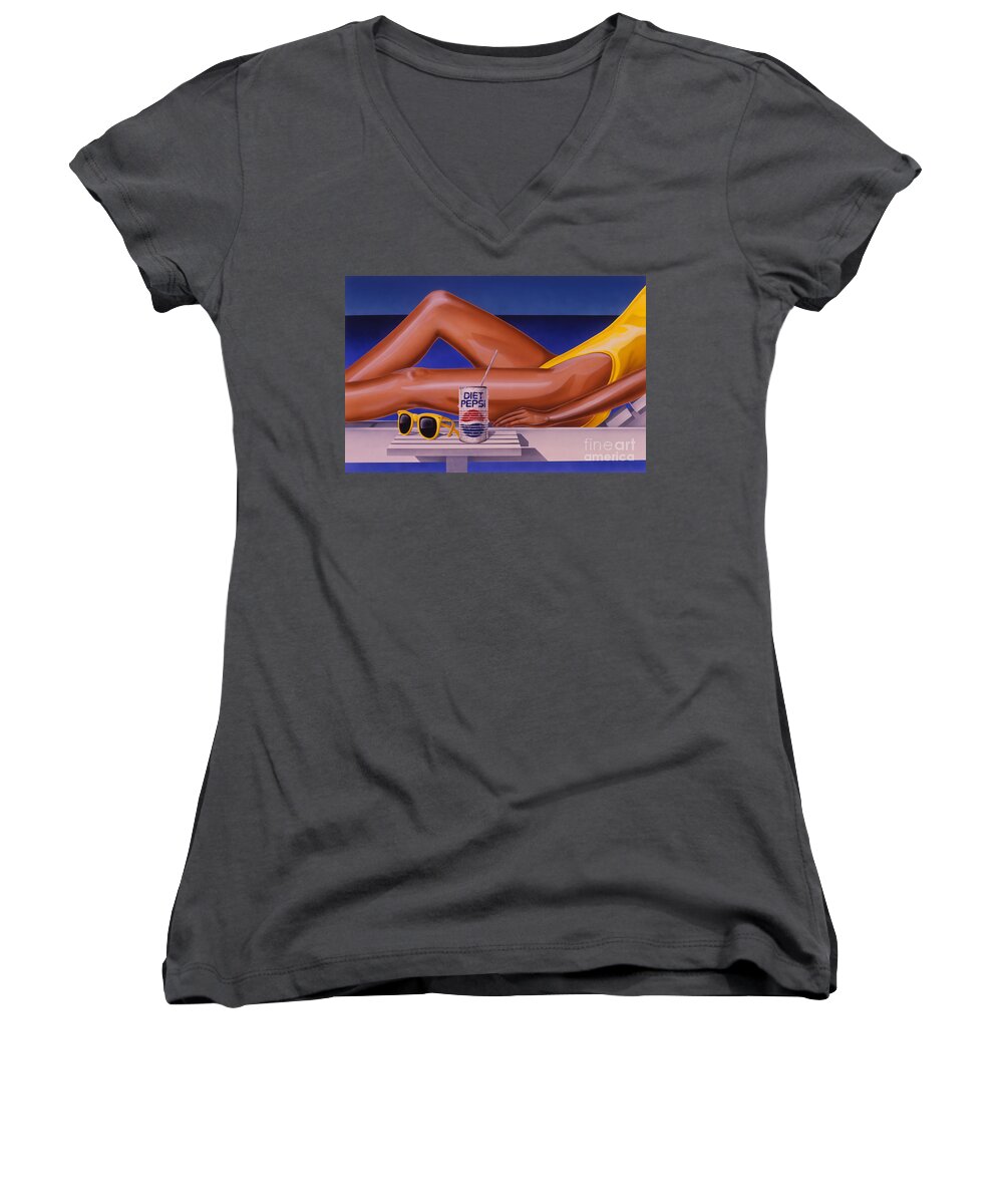 Diet Pepsi Women's V-Neck featuring the painting Woman at Beach with Diet Pepsi by Tim Gilliland