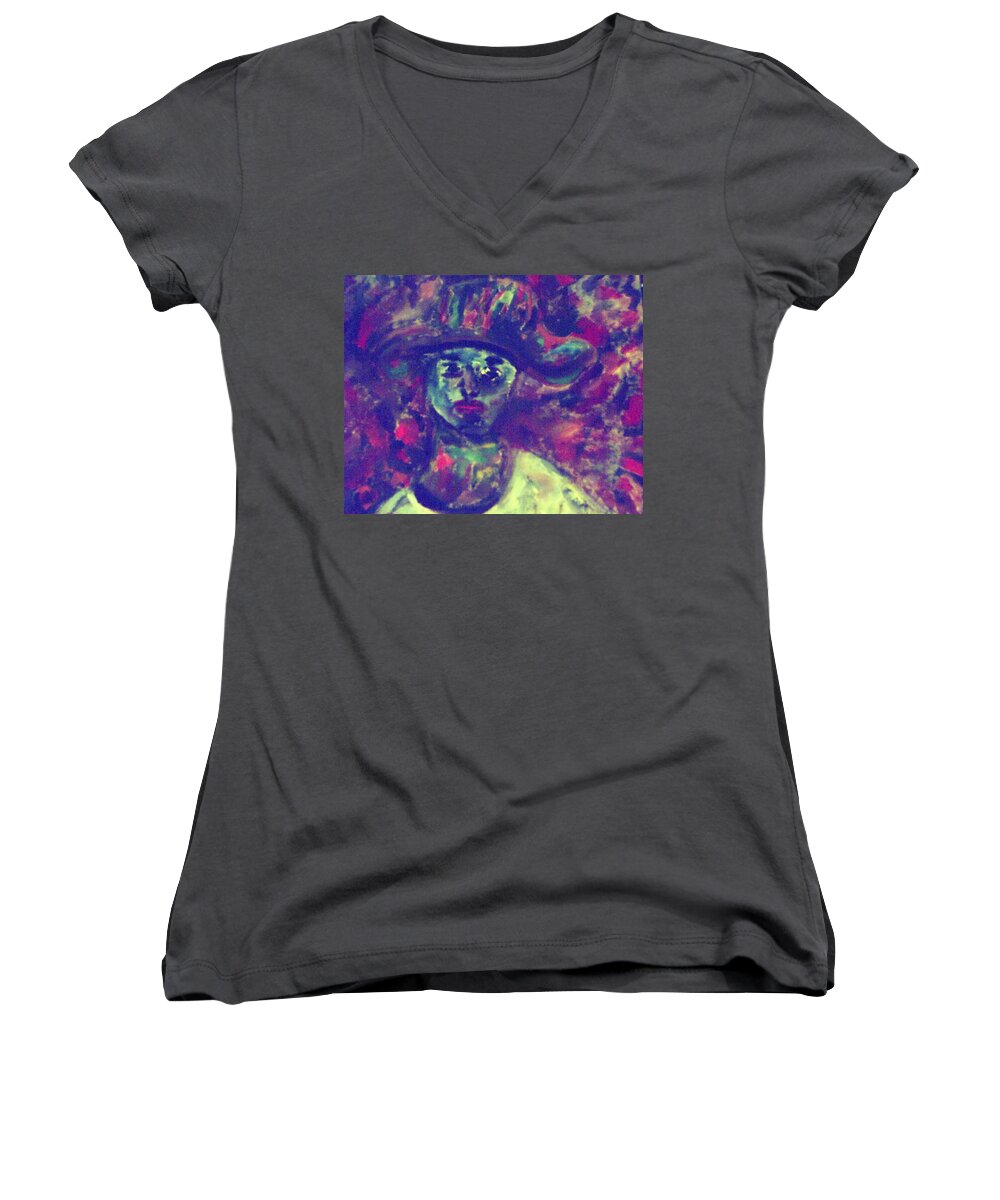 Green Women's V-Neck featuring the painting Woman with a Hat by Shea Holliman