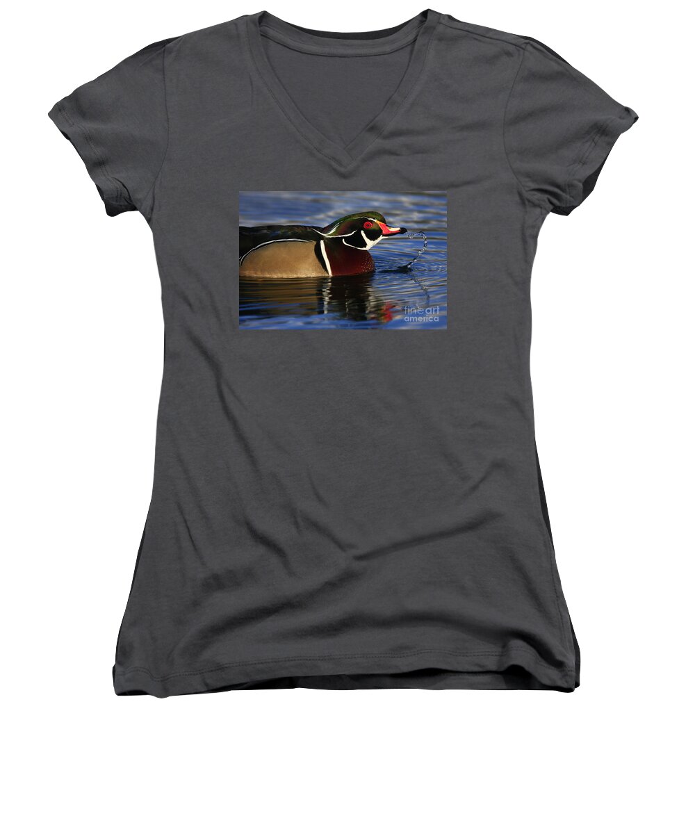 Duck Women's V-Neck featuring the photograph Wood Duck Waterdrops by John F Tsumas
