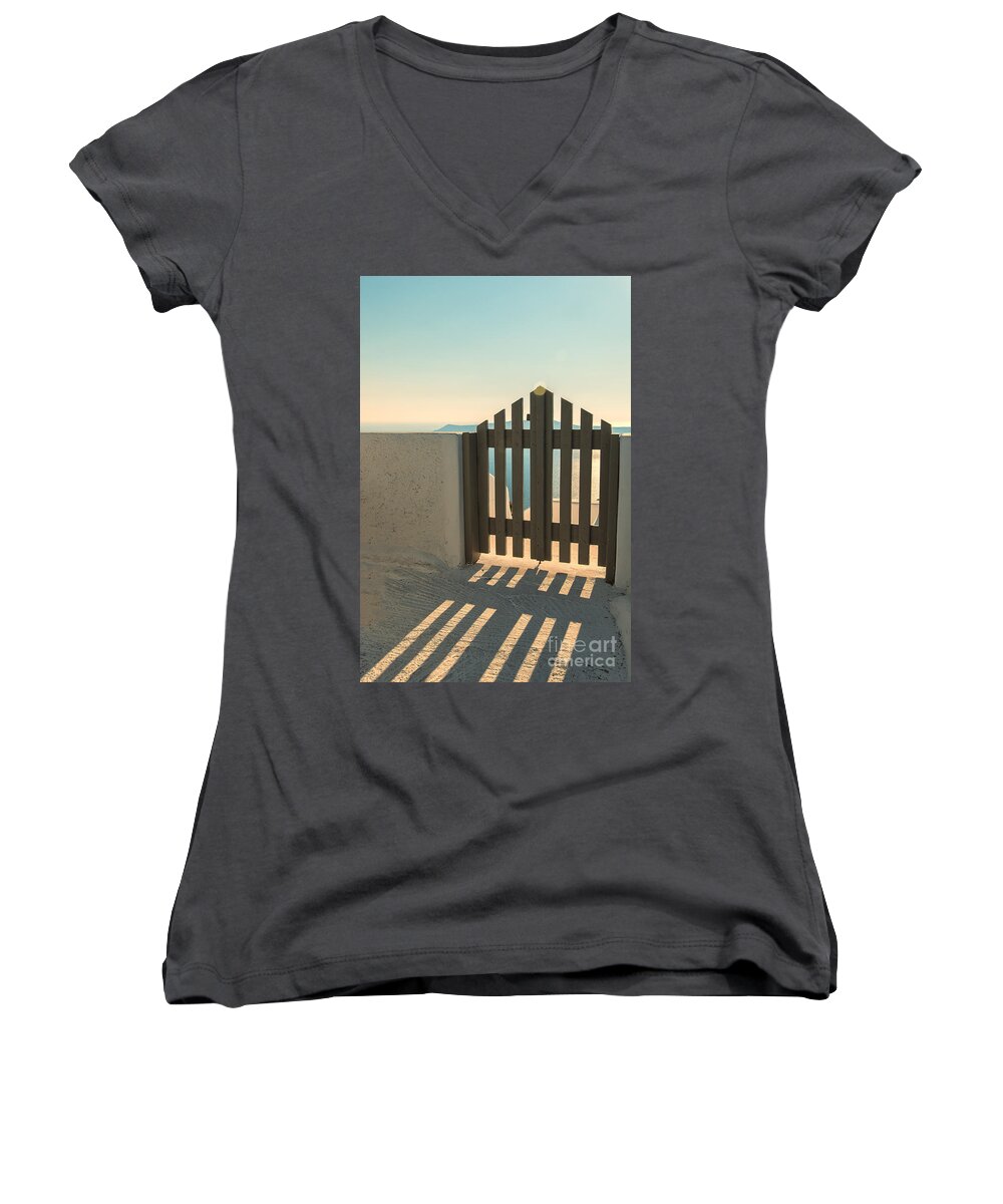 Sunset Women's V-Neck featuring the photograph Wooden gate on Santorini by Sophie McAulay