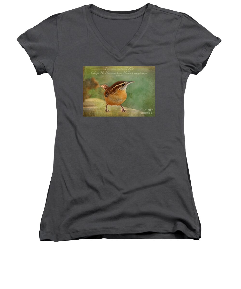 Nature Women's V-Neck featuring the photograph Wren with verse by Debbie Portwood