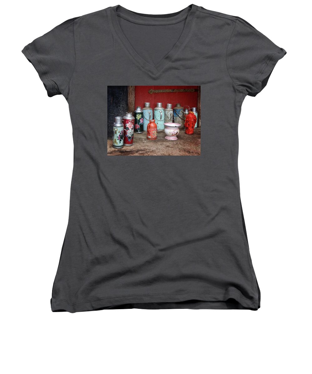 Red Women's V-Neck featuring the photograph Yak Butter Thermoses by Joan Carroll