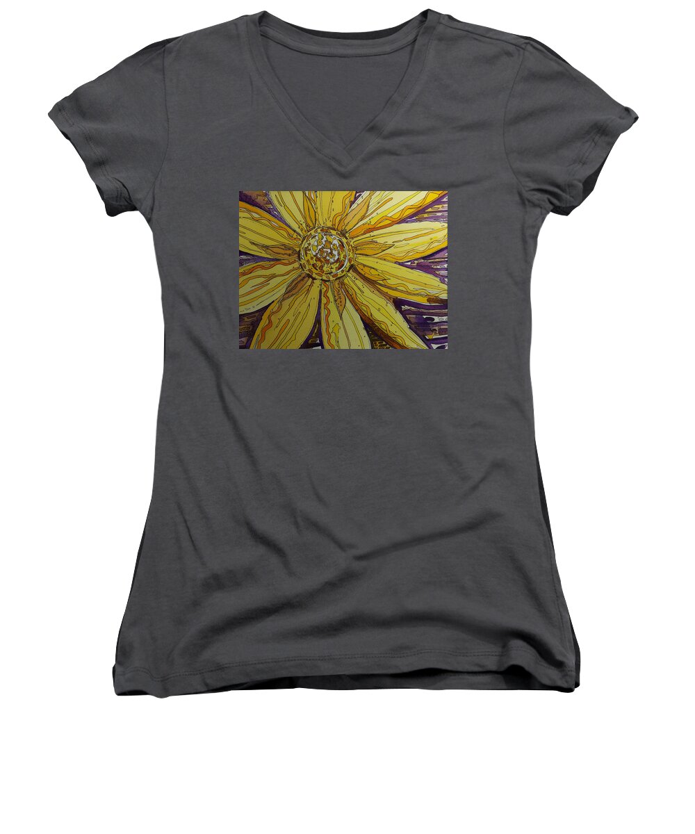 Yelow Women's V-Neck featuring the painting Yellow Chakra by Terry Holliday