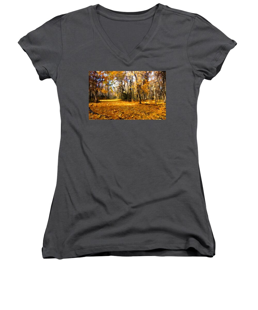 Bucks County Women's V-Neck featuring the photograph Yellow Leaf Road by William Jobes