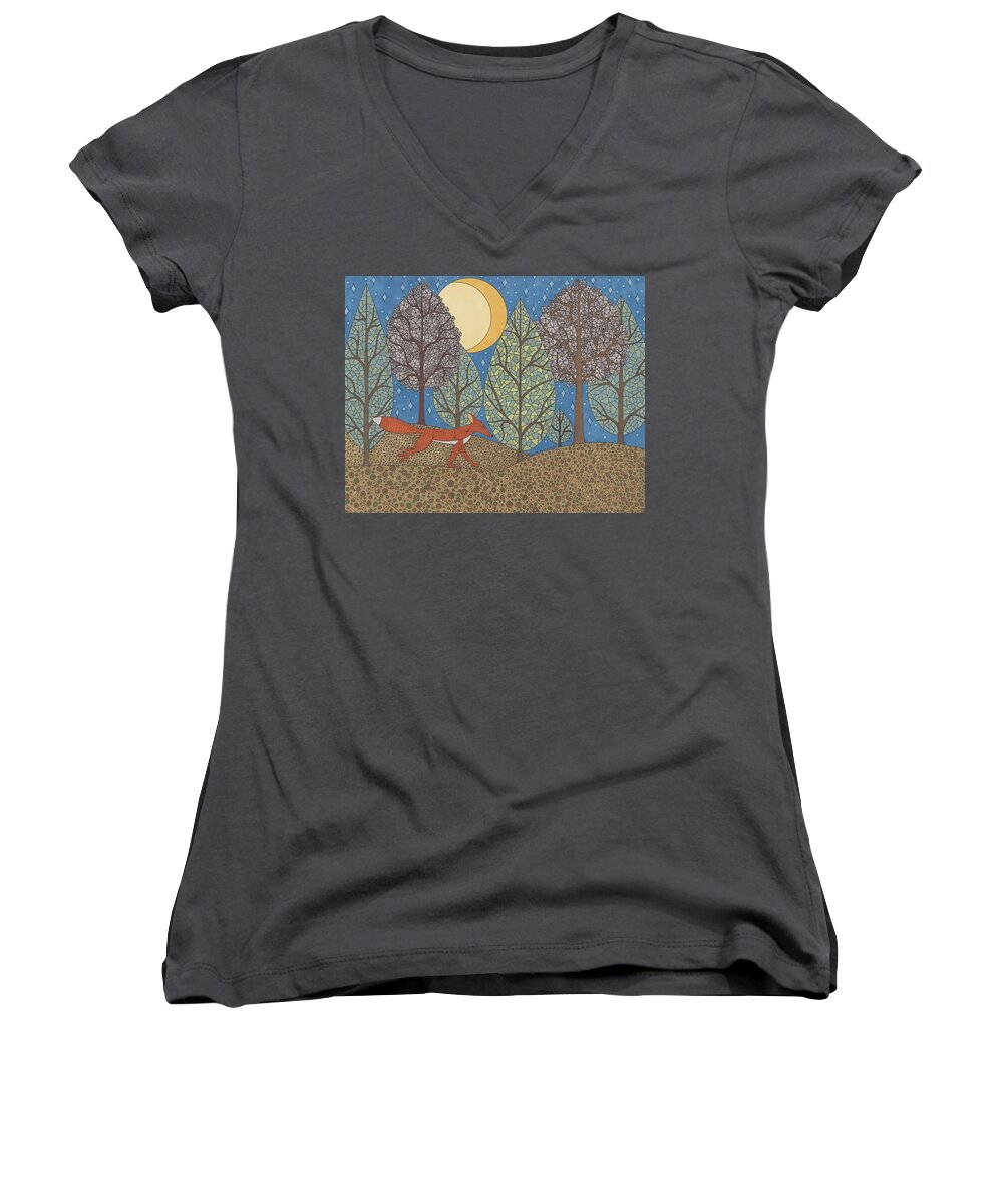 Fox Women's V-Neck featuring the drawing Yellow Moon Rising by Pamela Schiermeyer