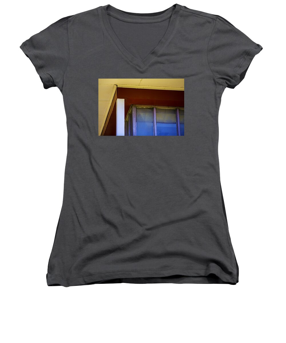  Women's V-Neck featuring the photograph Yellow Red Blue Abstract by Raymond Kunst