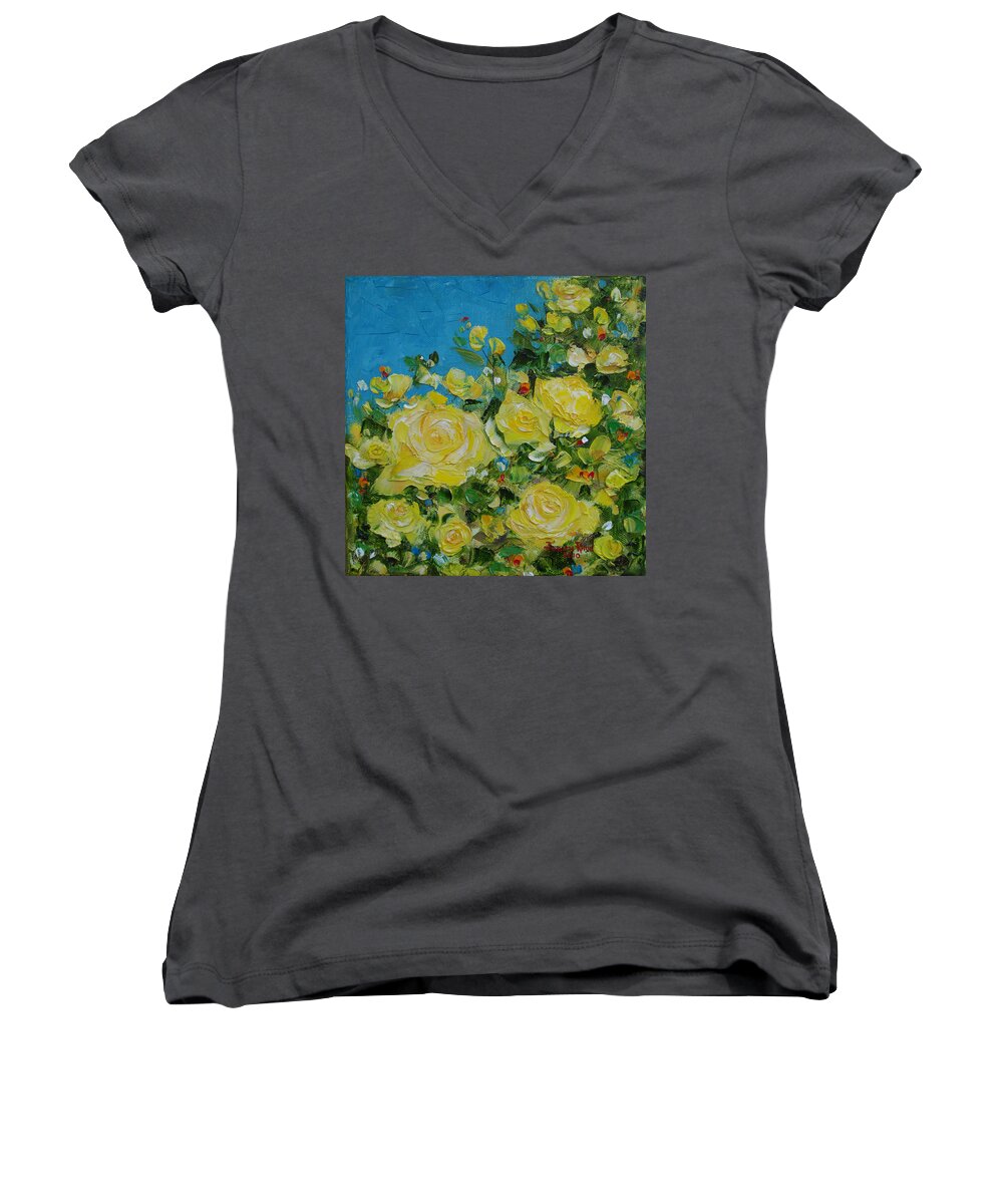 Yellow Women's V-Neck featuring the painting Yellow Roses by Judith Rhue