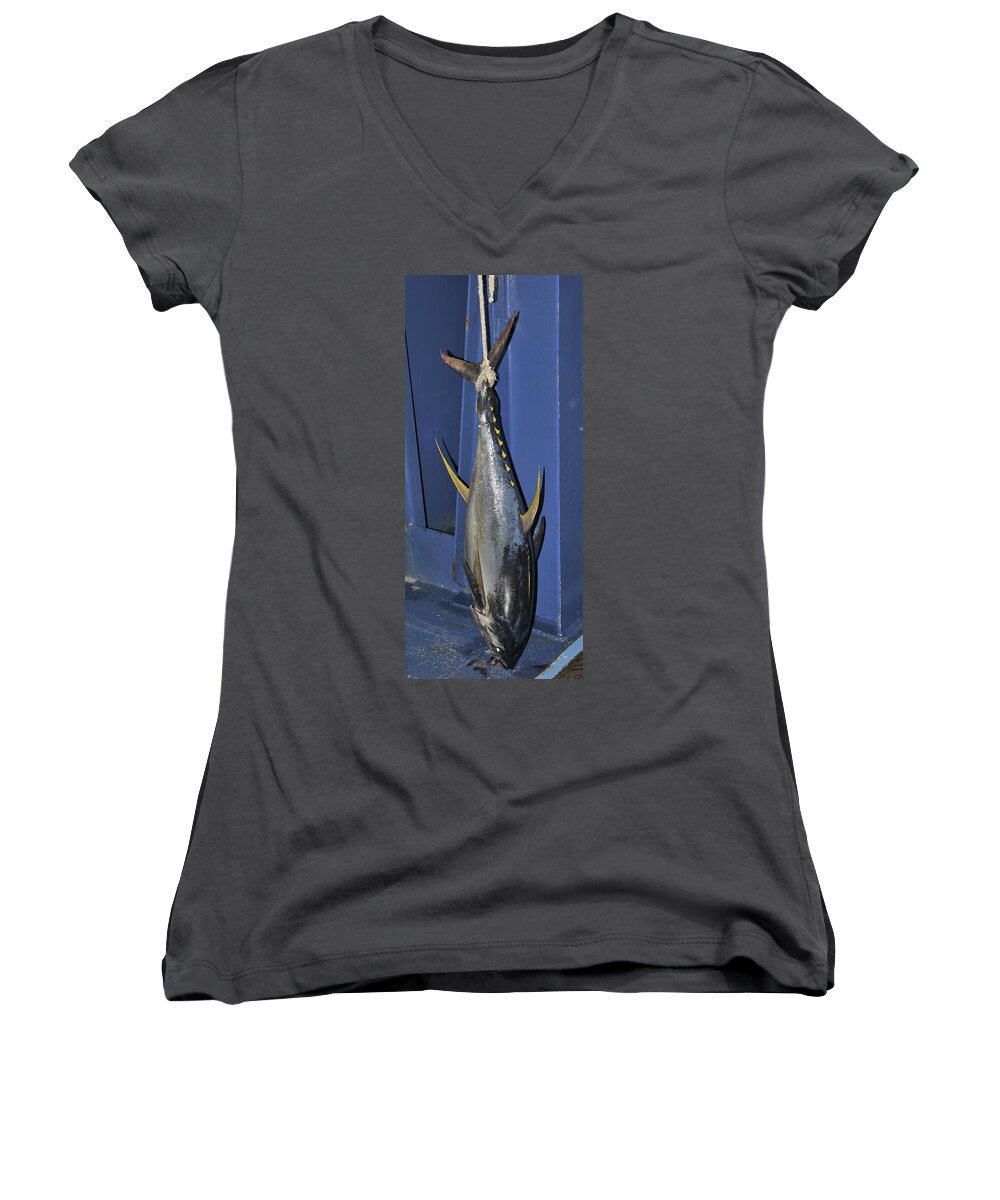 Yellowfin Women's V-Neck featuring the photograph Yellowfin tuna hanging from a rope by Bradford Martin