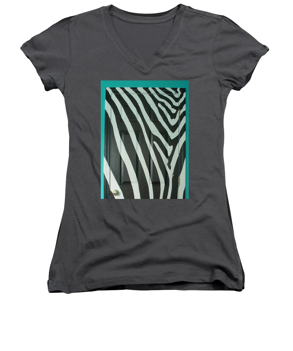 Op Art Women's V-Neck featuring the painting Zebra Stripe Mural - Door Number 1 by Sean Connolly