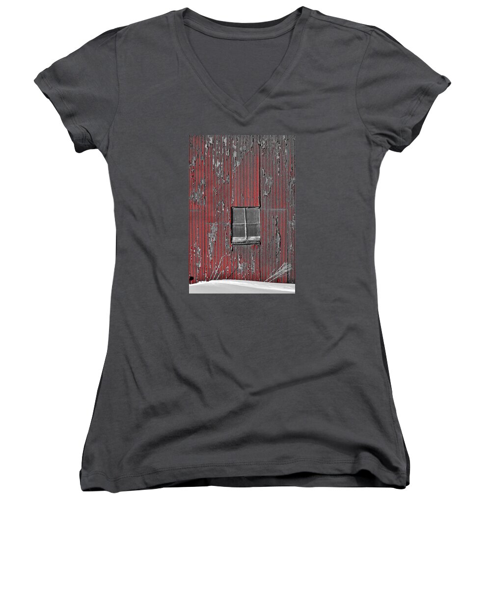 Maybee Women's V-Neck featuring the photograph Zink rd Barn Window BW Red by Daniel Thompson