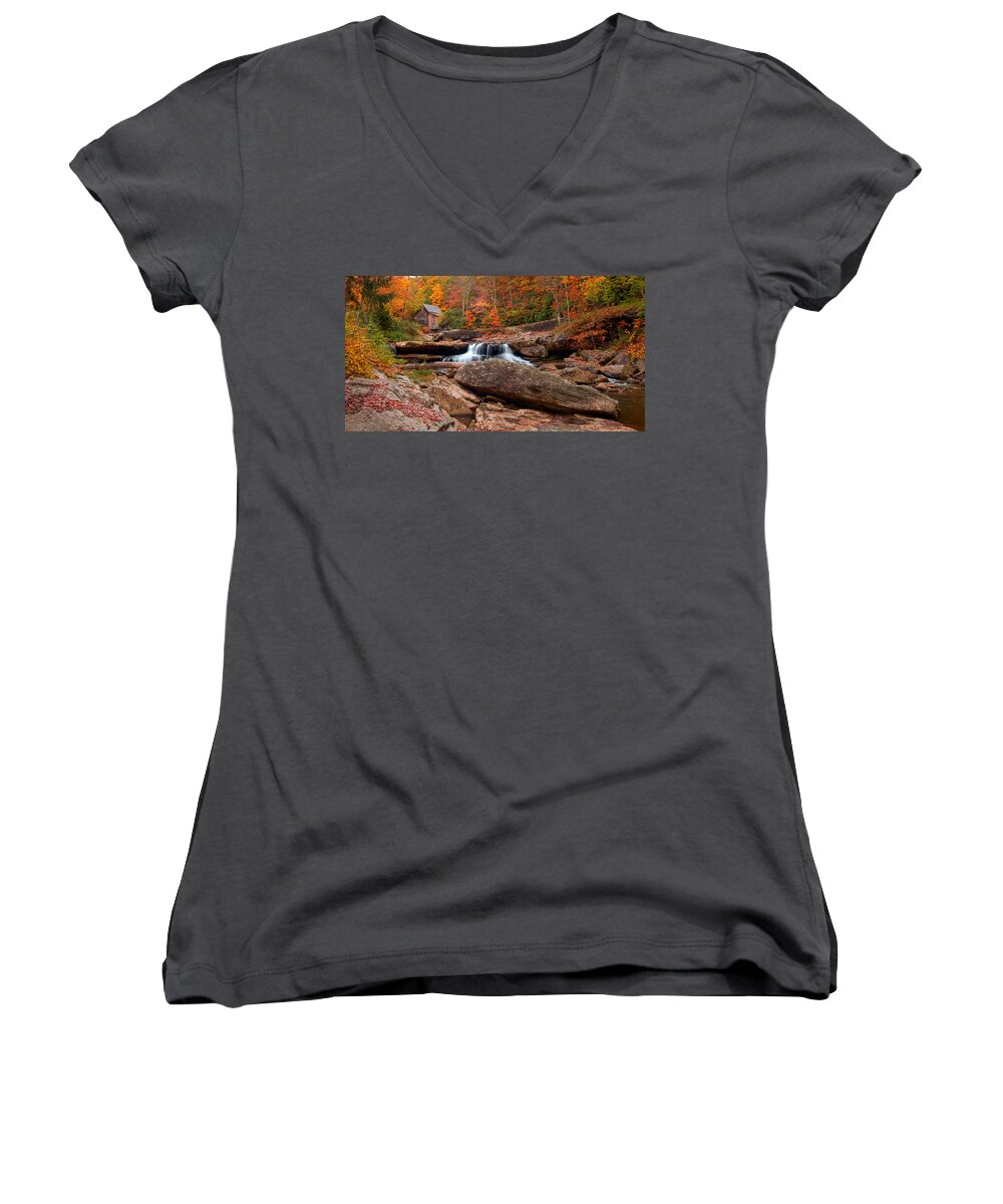 Glade Creek Women's V-Neck featuring the photograph autumn leaves at the Mill by Randall Branham