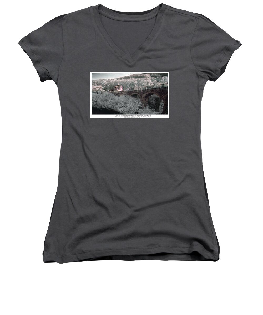 Infrared Women's V-Neck featuring the photograph Infrared train station bridge by B Cash