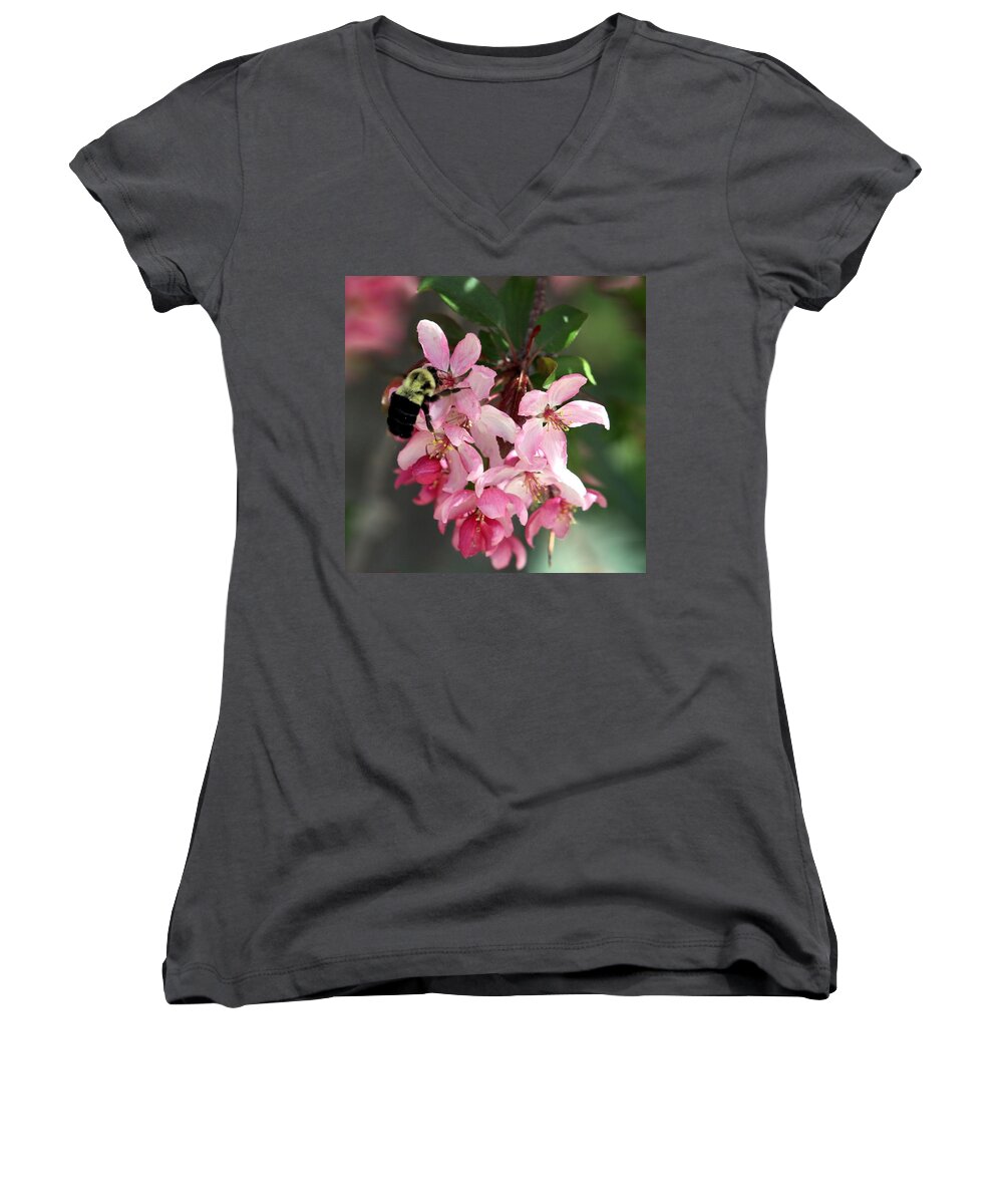 Cherry Blossom Women's V-Neck featuring the photograph Buzzing Beauty #1 by Elizabeth Winter