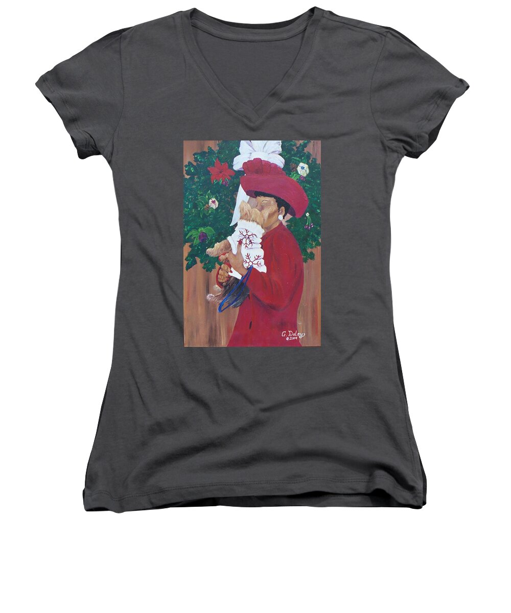 #christmas Prints Women's V-Neck featuring the painting Christmas Lioness #1 by Gail Daley