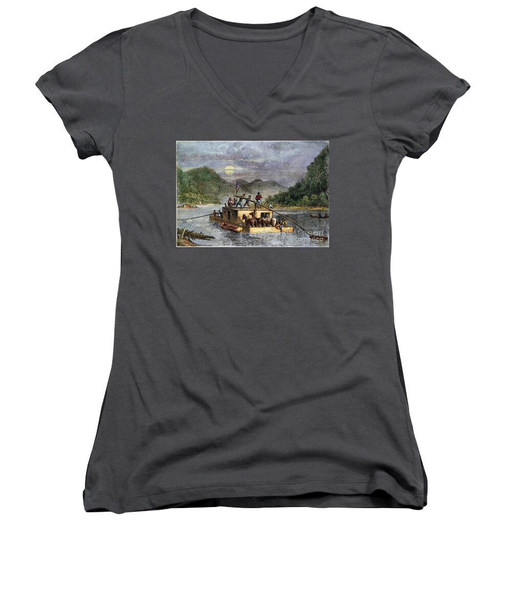 19th Century Women's V-Neck featuring the drawing FLATBOAT, 19th CENTURY #1 by Granger