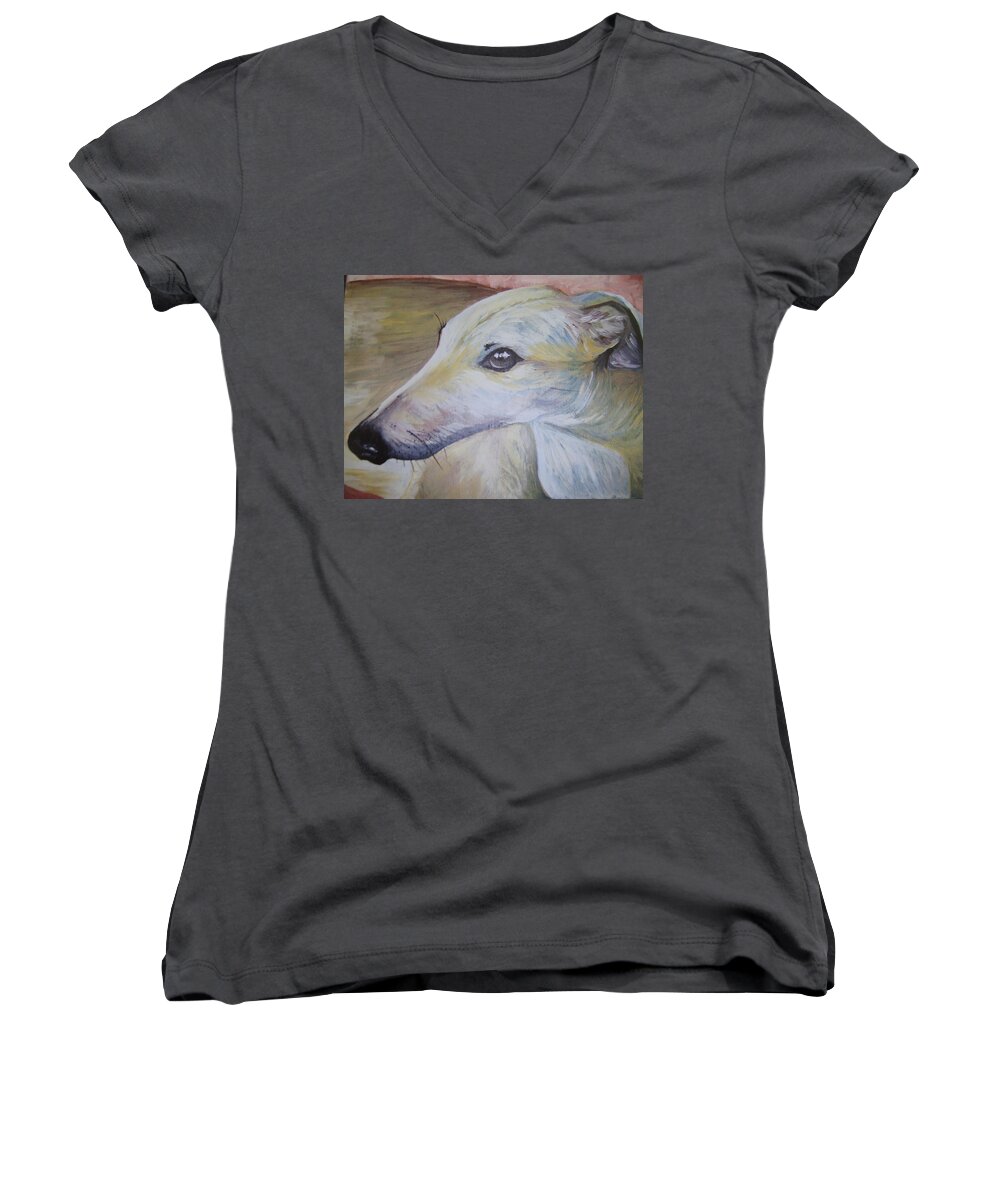 Greyhound Women's V-Neck featuring the painting Greyhound by Leslie Manley