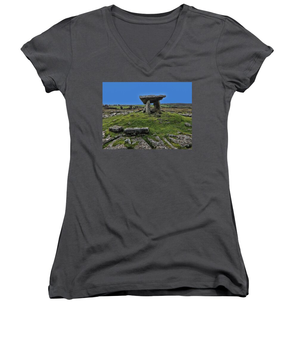 Ancient Women's V-Neck featuring the photograph Poulnabrone Dolmen #1 by David Gleeson