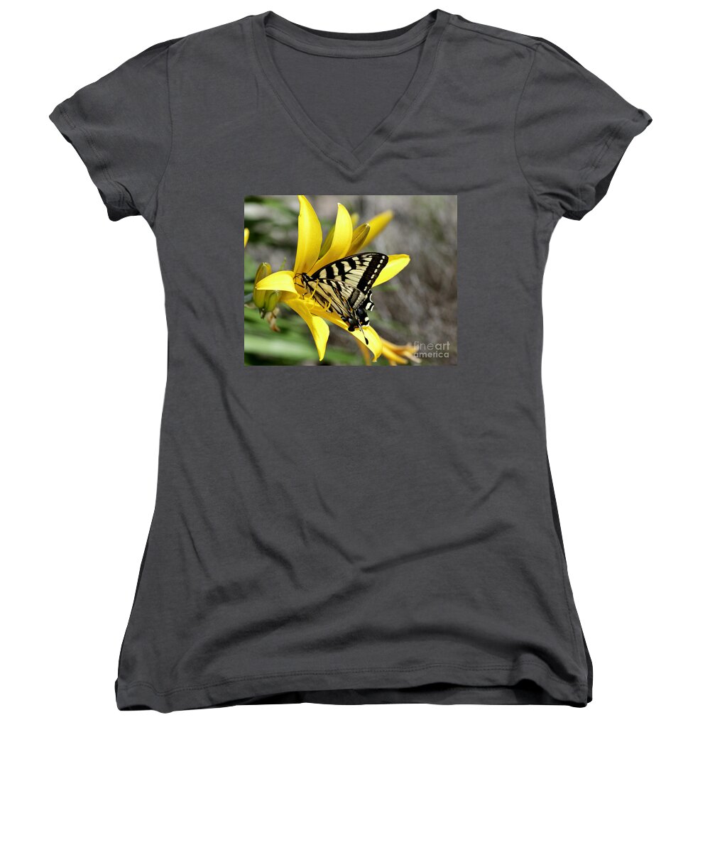 Diane Berry Women's V-Neck featuring the photograph Swallowtail Yellow Lily by Diane E Berry