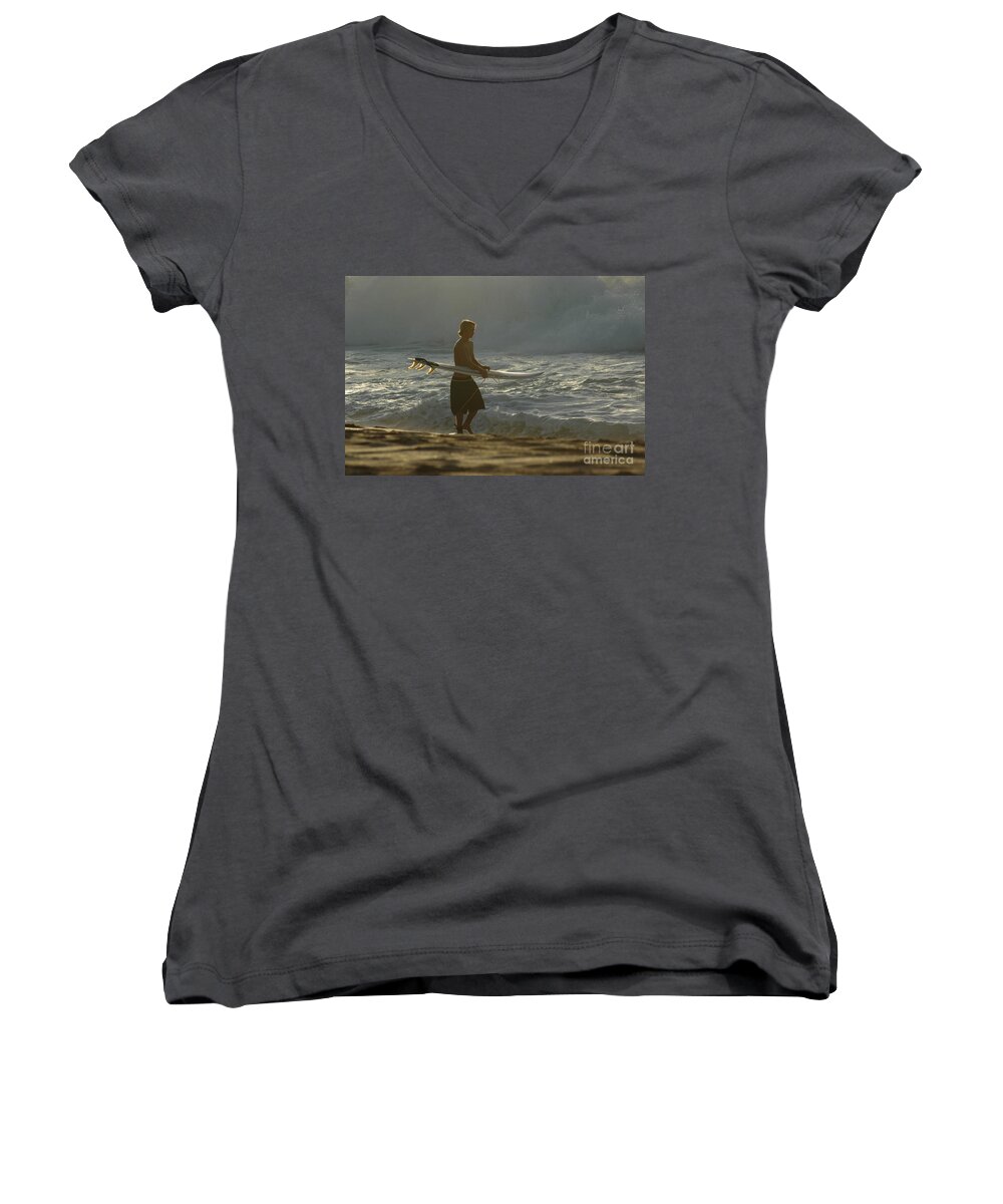 Surf Women's V-Neck featuring the photograph Teen Surfer #1 by Mark Gilman