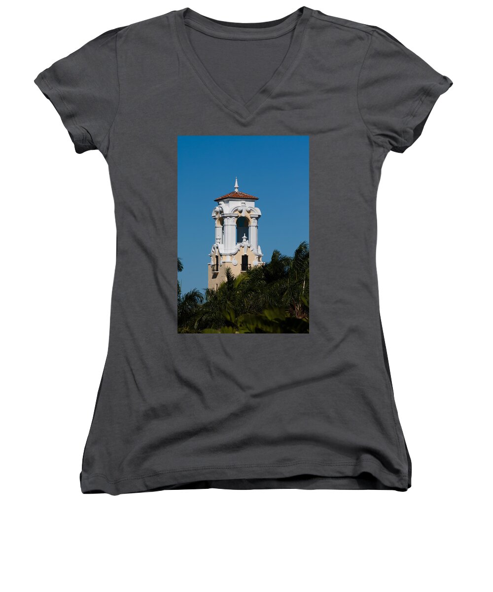 Architecture Women's V-Neck featuring the photograph Congregational Church Tower #1 by Ed Gleichman