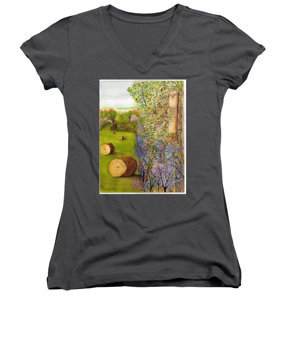Dogwood Women's V-Neck featuring the painting Dogwoods and Redbuds by David Bartsch