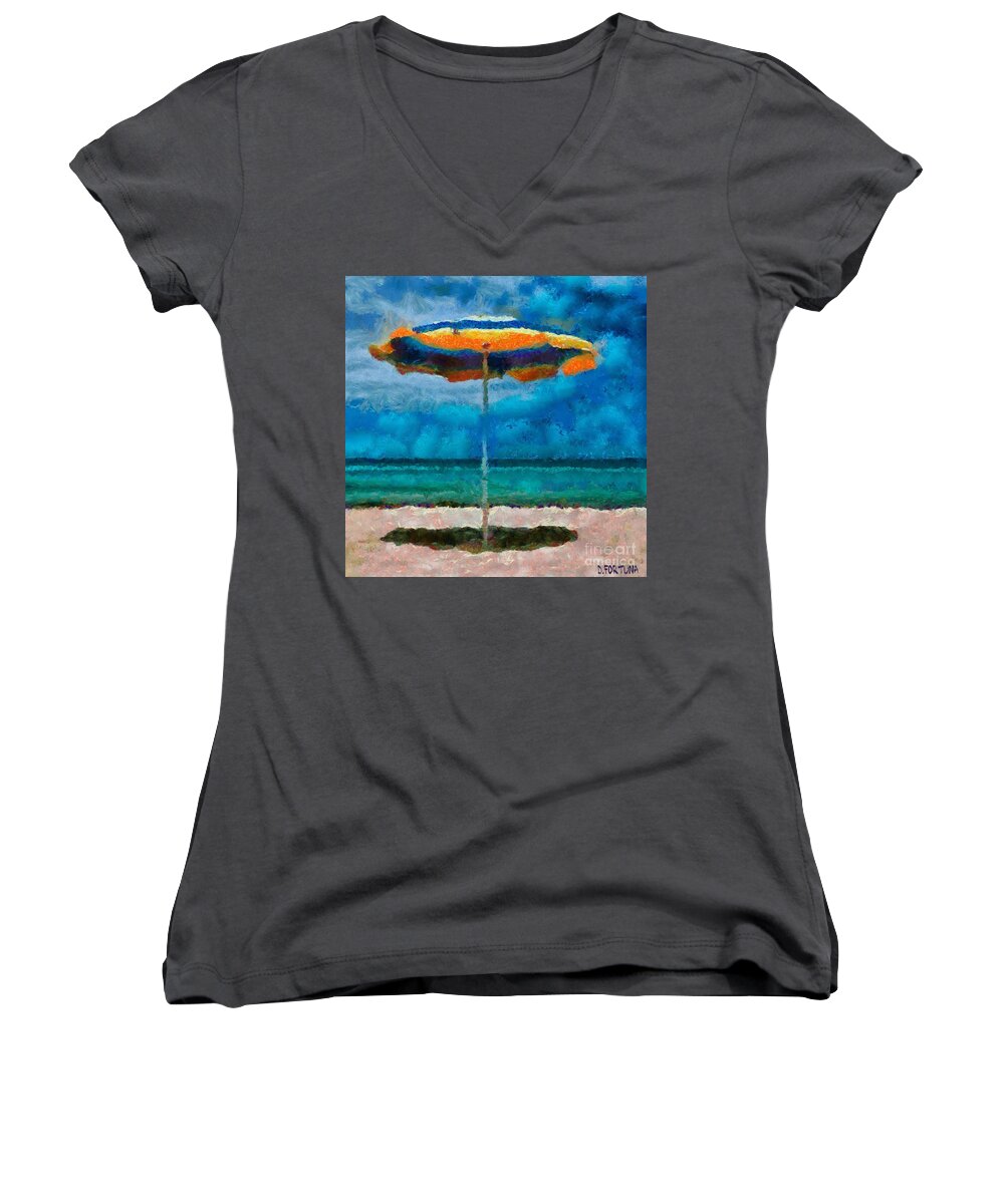  Beach Women's V-Neck featuring the painting A beach umbrella by Dragica Micki Fortuna