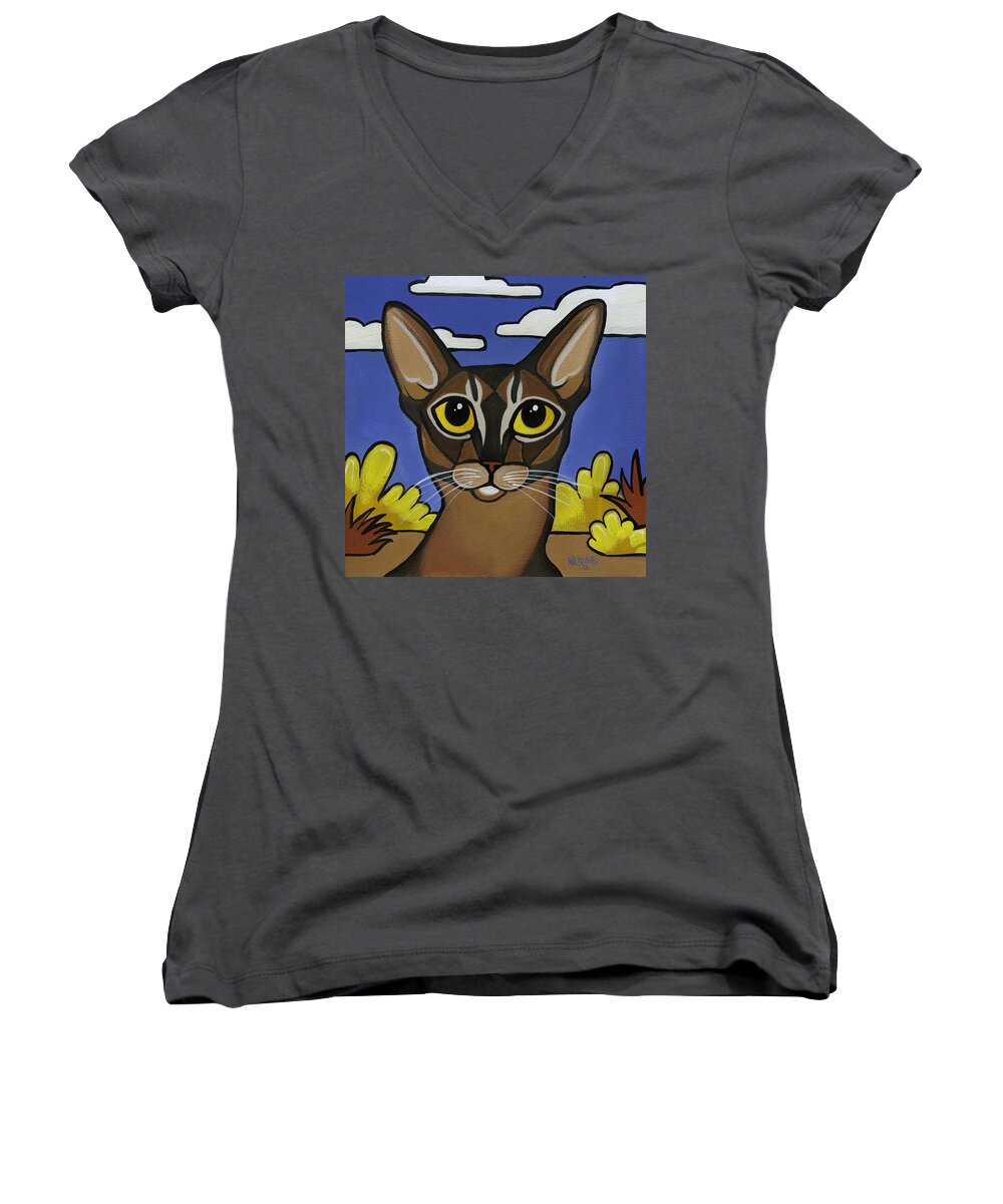 Cat Women's V-Neck featuring the painting Abyssinian by Leanne Wilkes