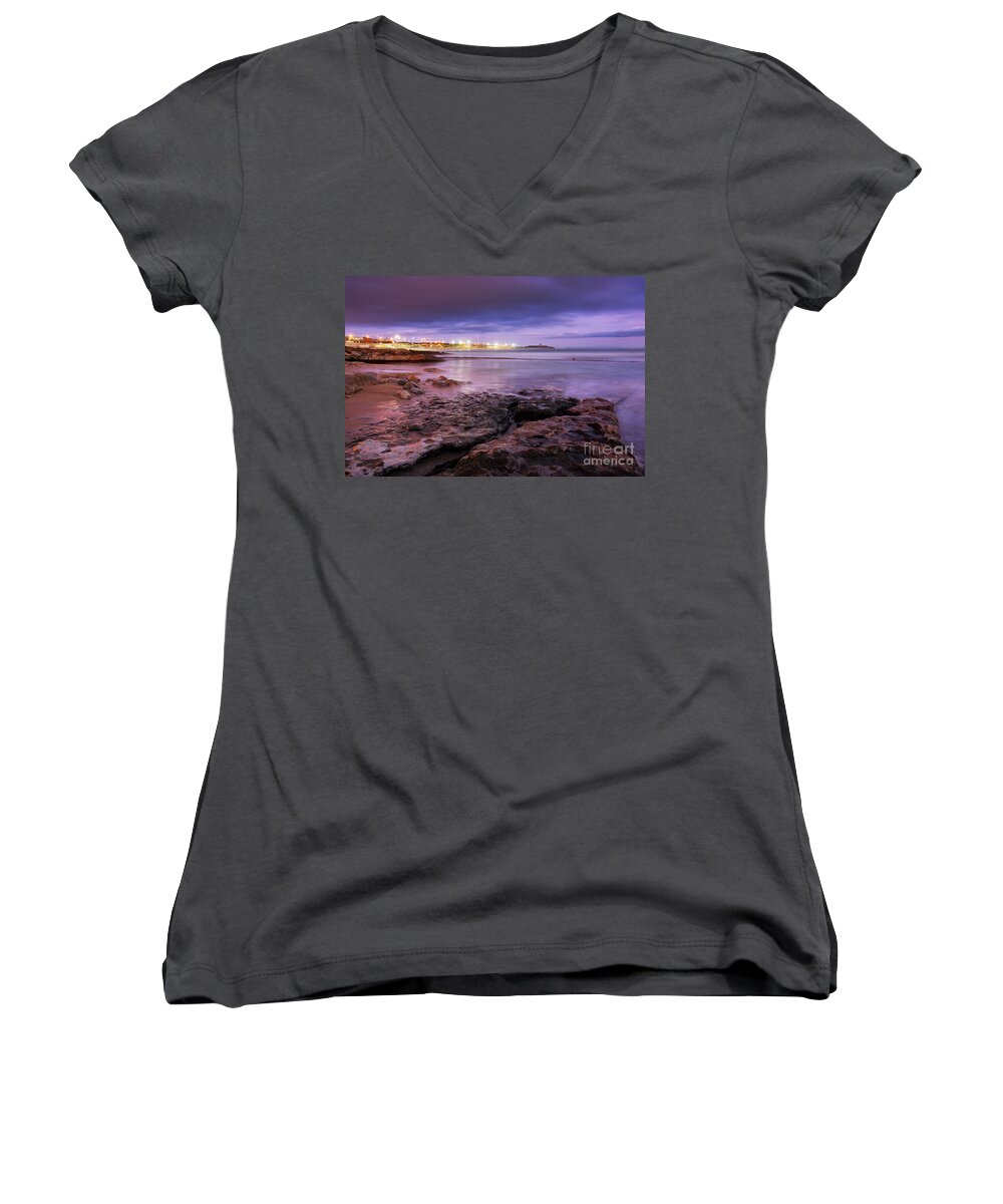 Background Women's V-Neck featuring the photograph Beach at dusk by Carlos Caetano