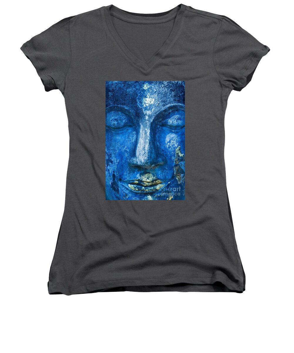 Buddha Women's V-Neck featuring the photograph Blue Buddha by Luciano Mortula