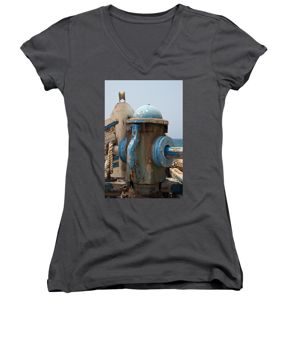 Skiff Women's V-Neck featuring the photograph Blue Mooring by David Kleinsasser