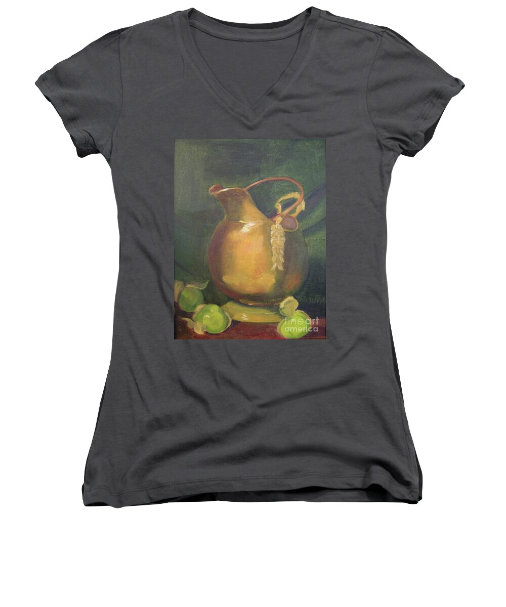 Still Life Women's V-Neck featuring the painting Brass and Tomatillos by Lilibeth Andre