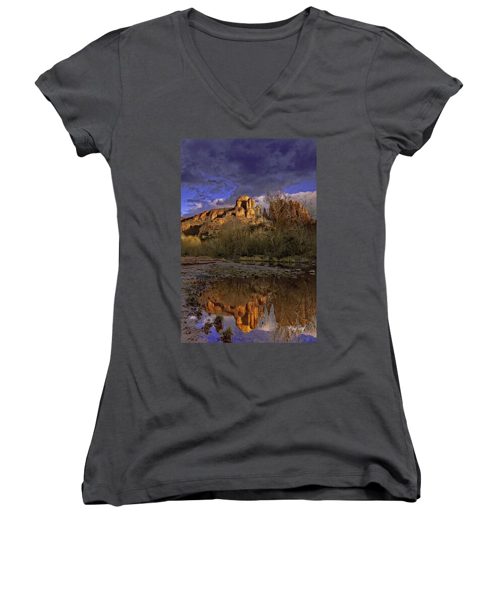 Oak Women's V-Neck featuring the photograph Cathedral Rocks from Red Rock State Park by Fred J Lord