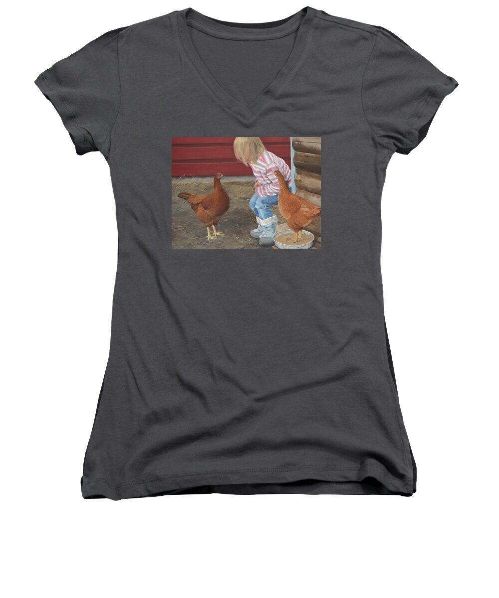 Girl And Chickens Women's V-Neck featuring the painting Chicken Talk by Tammy Taylor