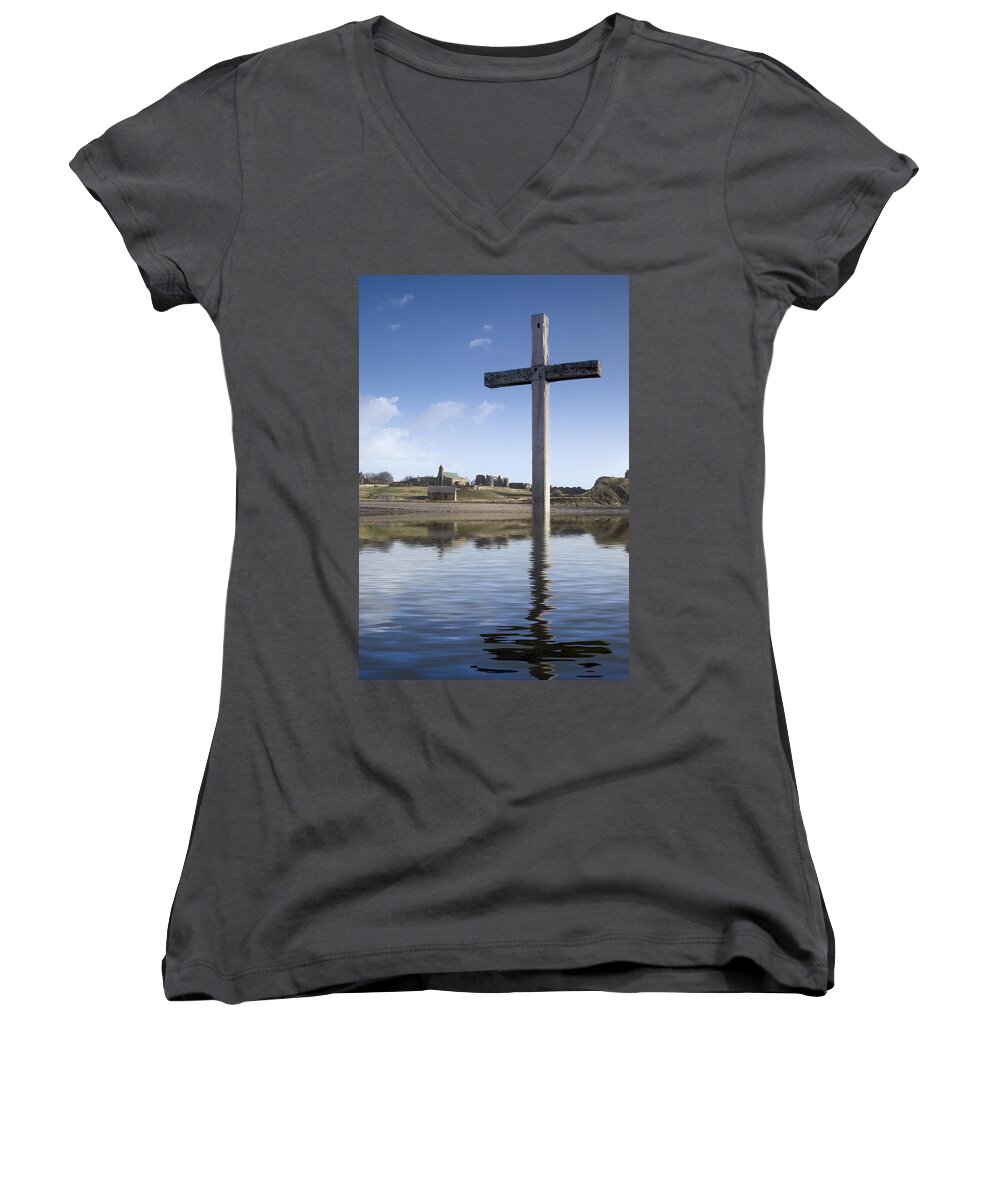Calm Women's V-Neck featuring the photograph Cross In Water, Bewick, England by John Short