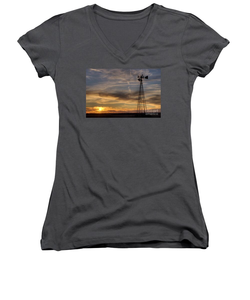 Old Windmill Women's V-Neck featuring the photograph Dark Sunset with Windmill by Art Whitton