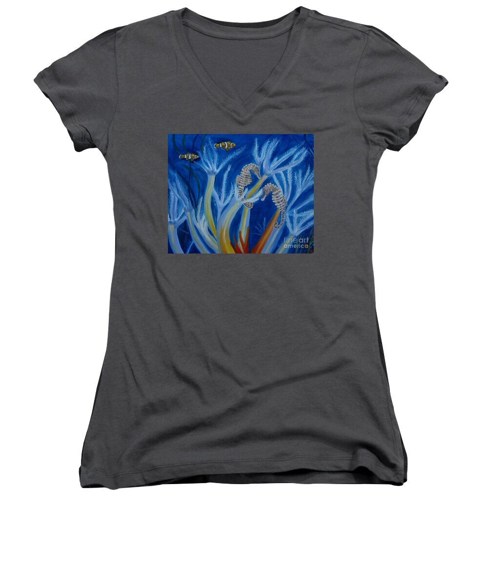 Seahorses Women's V-Neck featuring the painting Date Night on the Reef by Julie Brugh Riffey