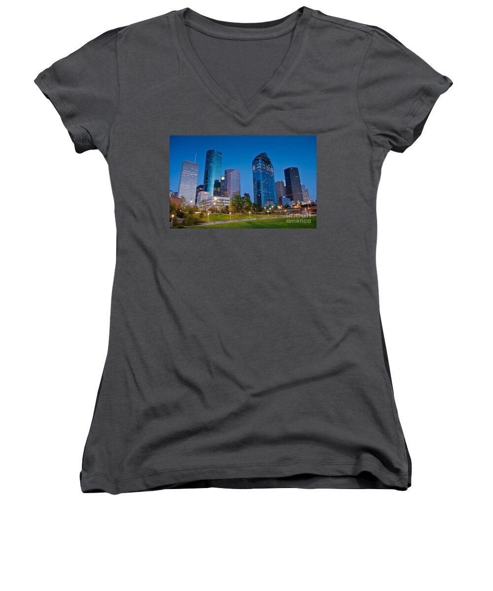 Downtown Women's V-Neck featuring the photograph Downtown Houston by Olivier Steiner