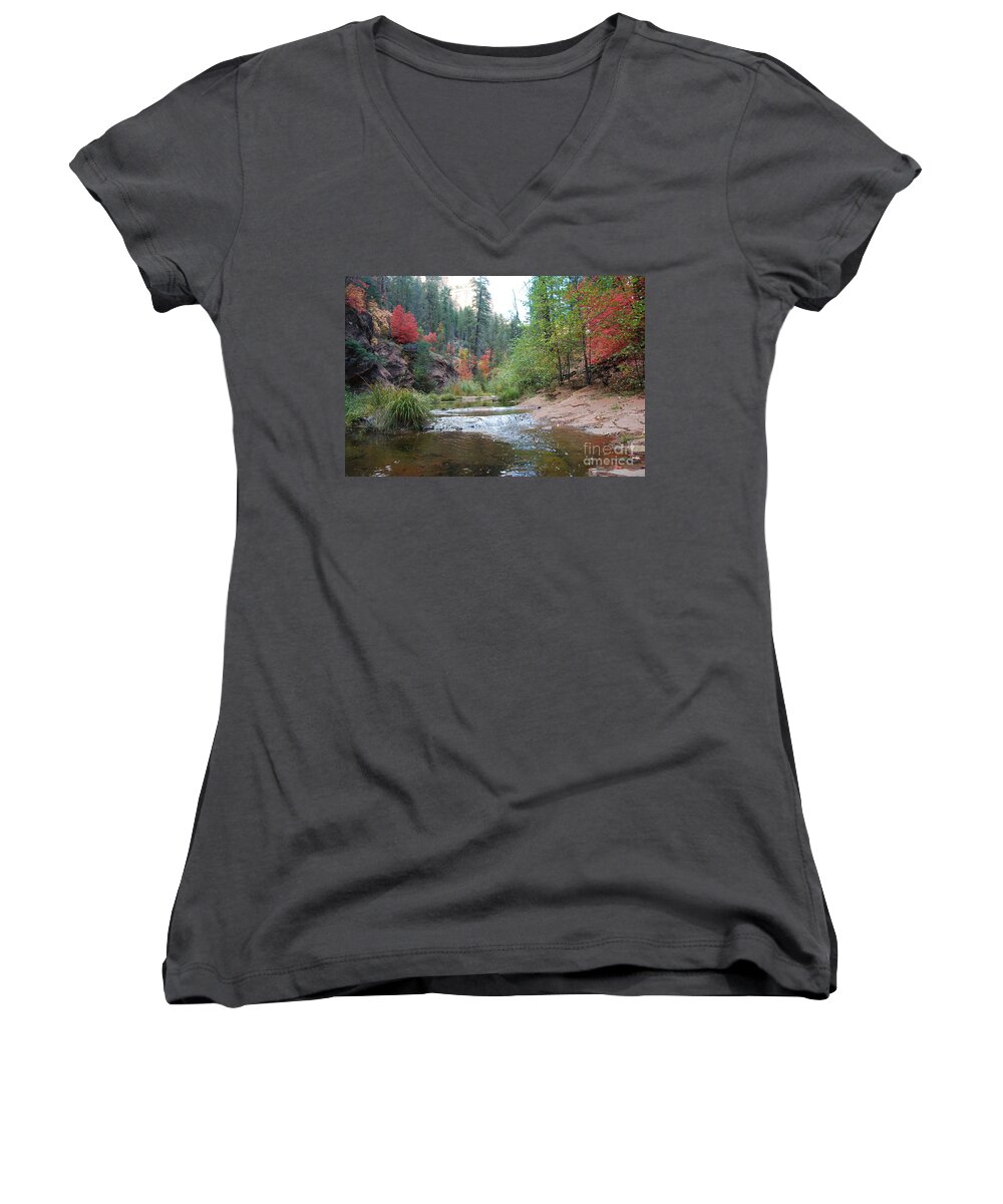 Sedona Women's V-Neck featuring the photograph Fall Licks Both Sides of the River by Heather Kirk