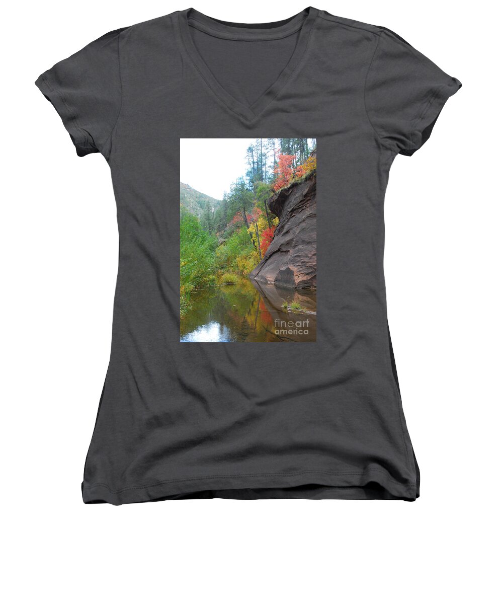 Sedona Women's V-Neck featuring the photograph Fall Peeks from behind the Rocks by Heather Kirk