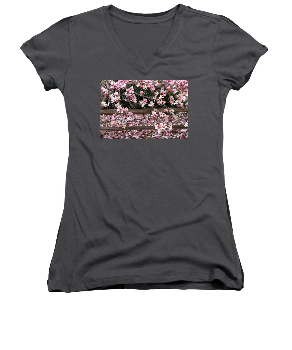 Fence Women's V-Neck featuring the photograph Fence of Flowers by Elizabeth Winter