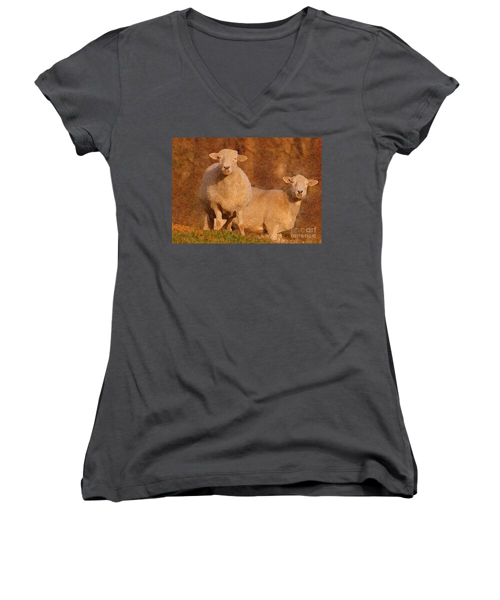 Sheep Women's V-Neck featuring the mixed media Follow by Lydia Holly