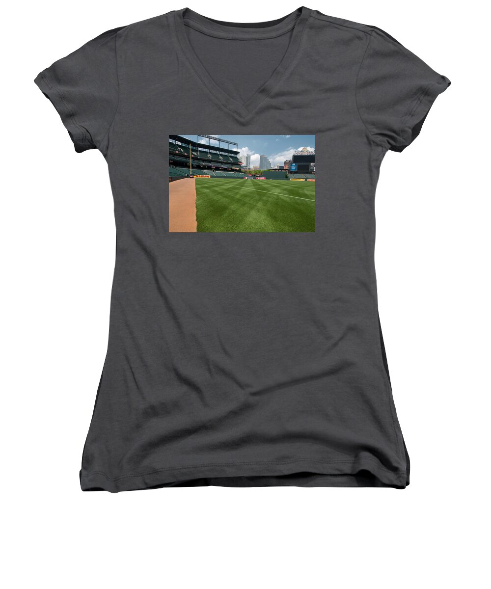 Oriole Park Women's V-Neck featuring the photograph From the Visitors Dugout by Paul Mangold