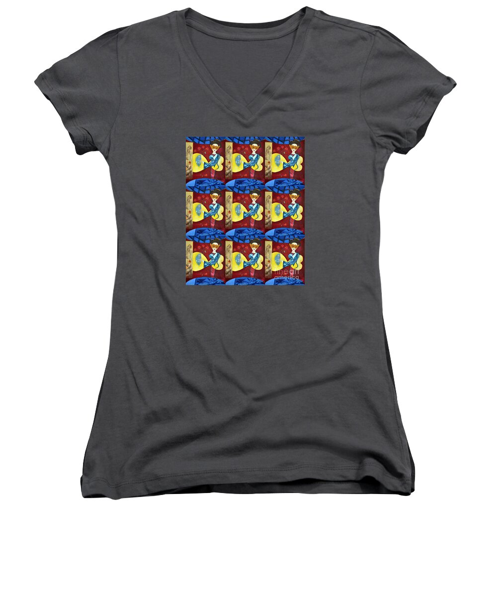 Multiple Image Women's V-Neck featuring the digital art Fusion Fun by Karen Francis