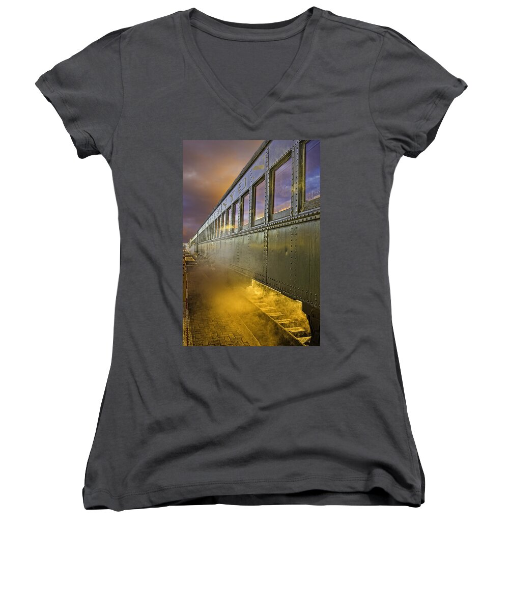 Train Women's V-Neck featuring the photograph Grand Canyon Railway at Dawn by Fred J Lord