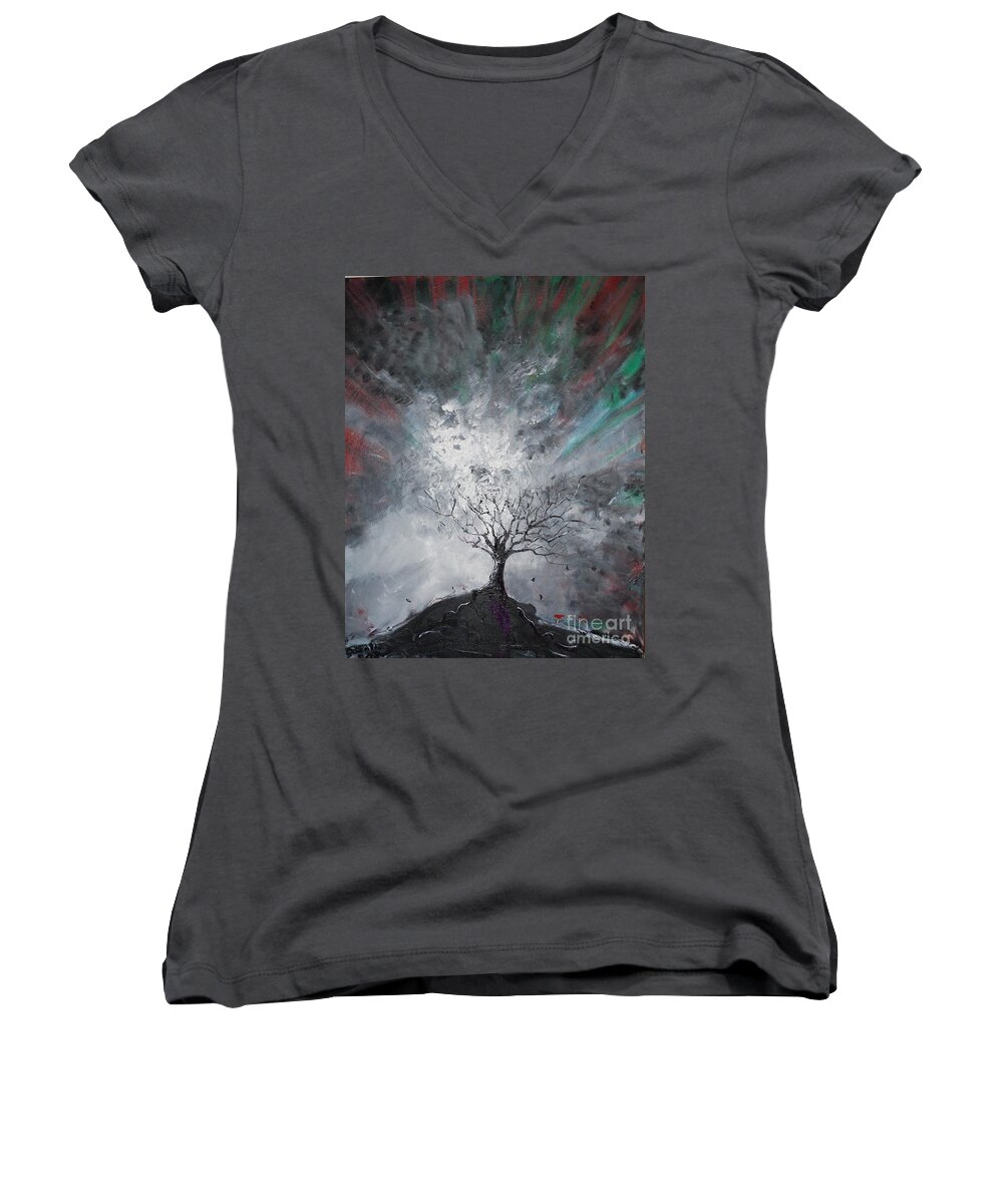 Tree Women's V-Neck featuring the painting Haunted Tree by Stefan Duncan