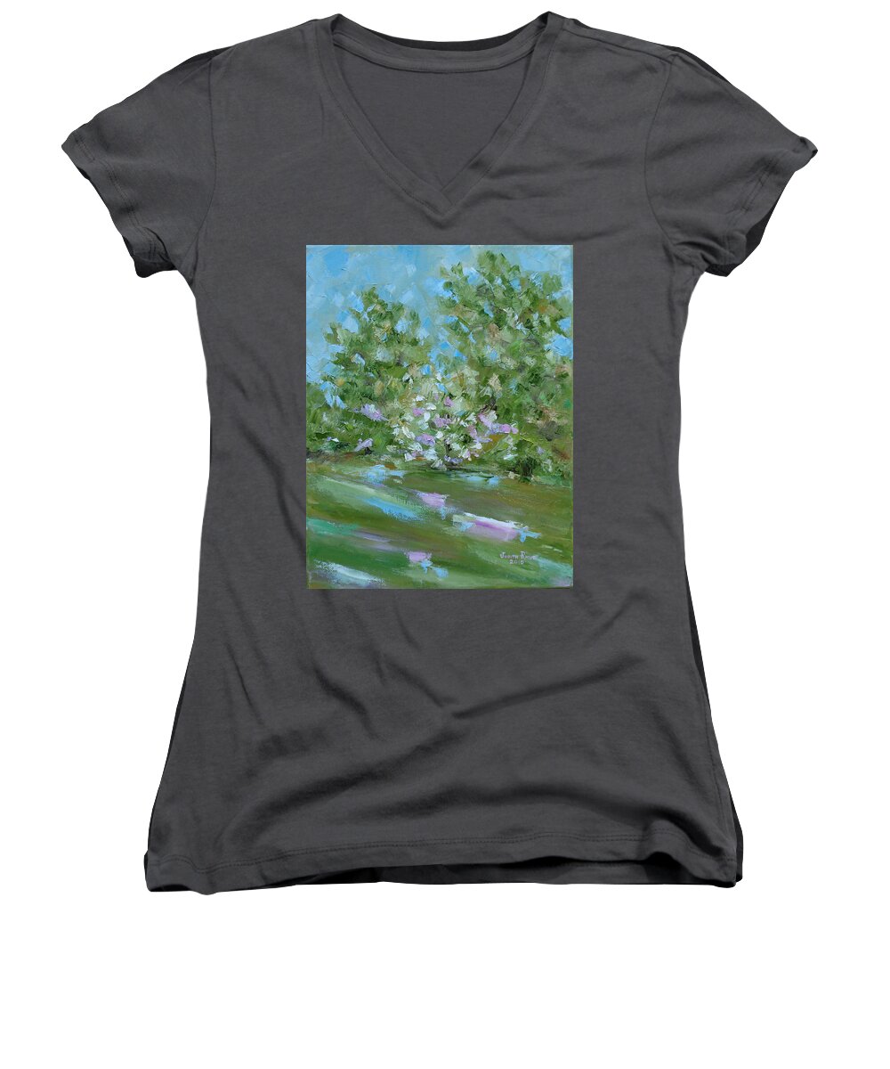Landscape Women's V-Neck featuring the painting Hilltop by Judith Rhue