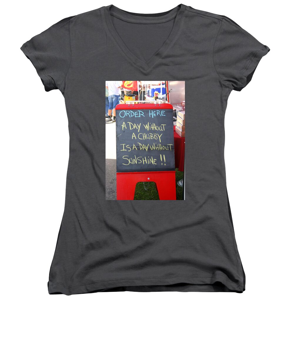Hot Women's V-Neck featuring the photograph Hot Dog Stand Humor by Kay Novy