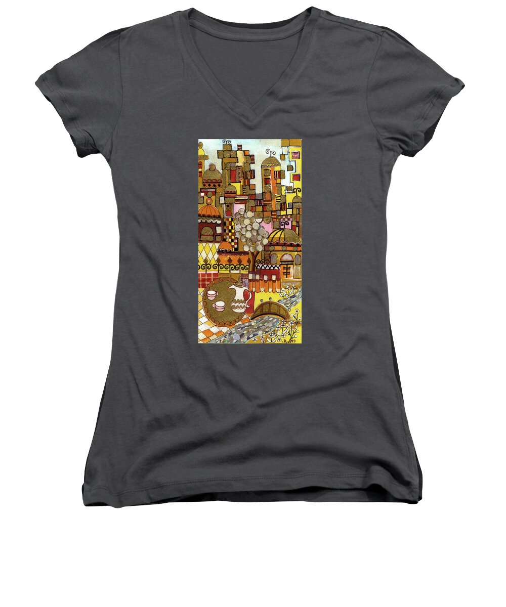 Jerusalem Women's V-Neck featuring the painting Jerusalem alleys tall 5 in red yellow brown orange green and white abstract skyline landscape  by Rachel Hershkovitz